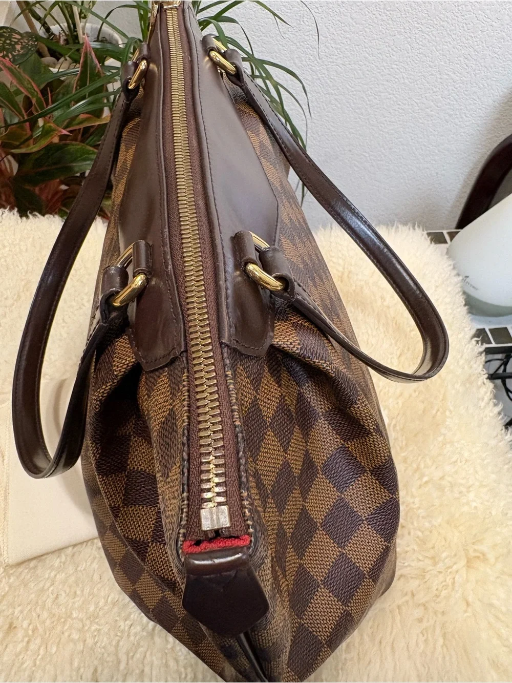 Louis Vuitton Brown Damier Ebene Check Canvas Tote with Gold Hardware